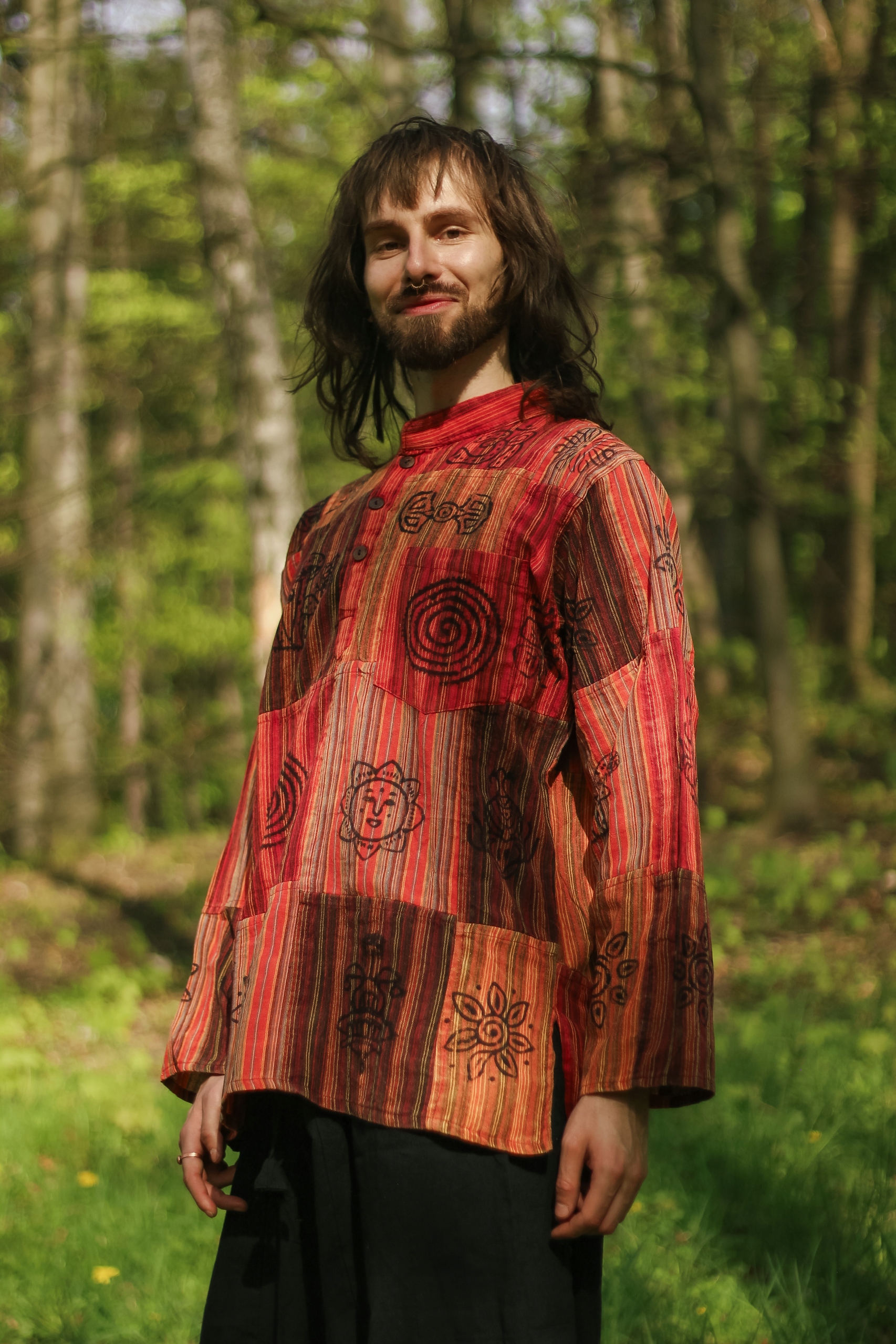 Nepálská bavlněná košile s dlouhým rukávem Patchwork oranžová XL