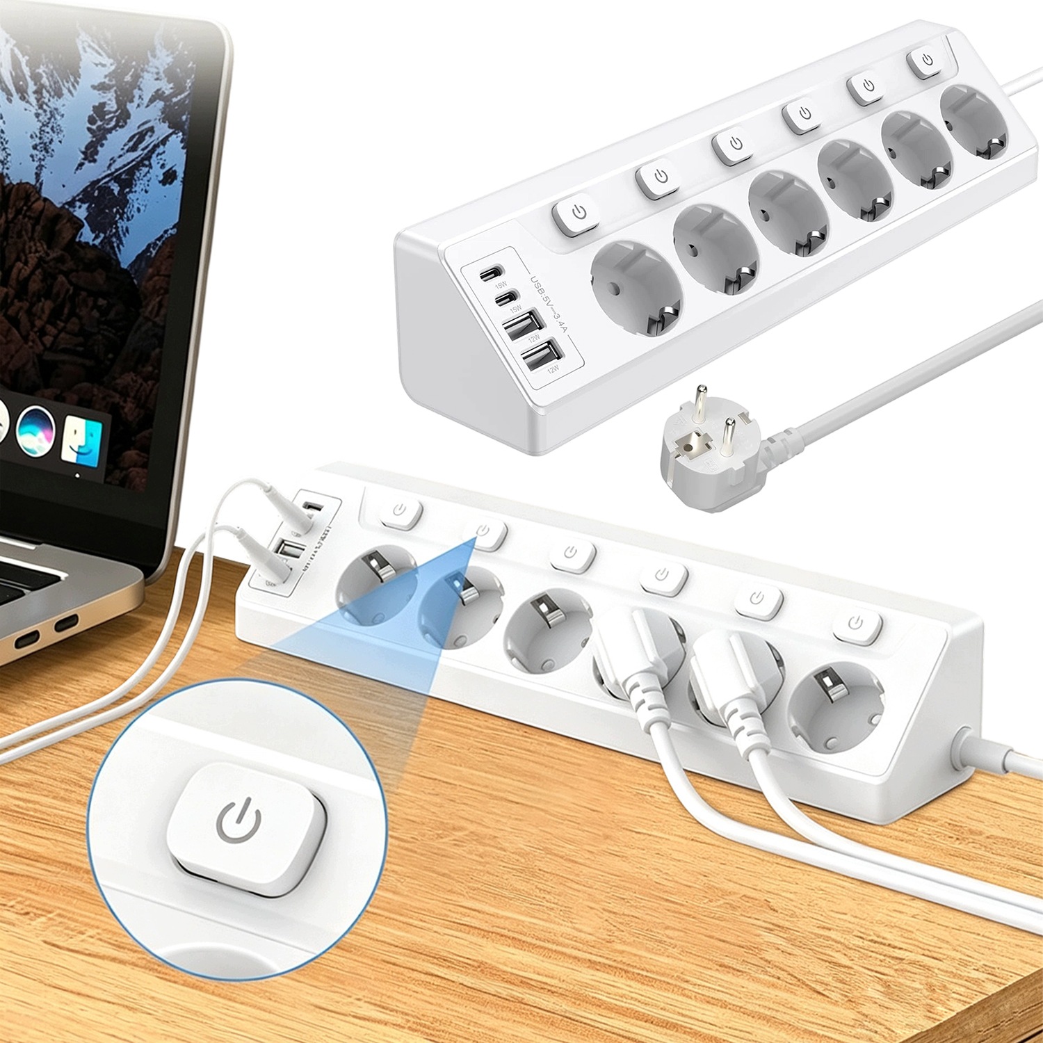 Prodlužovací Kabel Zásuvková Lišta Vypínač 4x Usb 6 Zásuvek 2 m Bílá Nabíječka