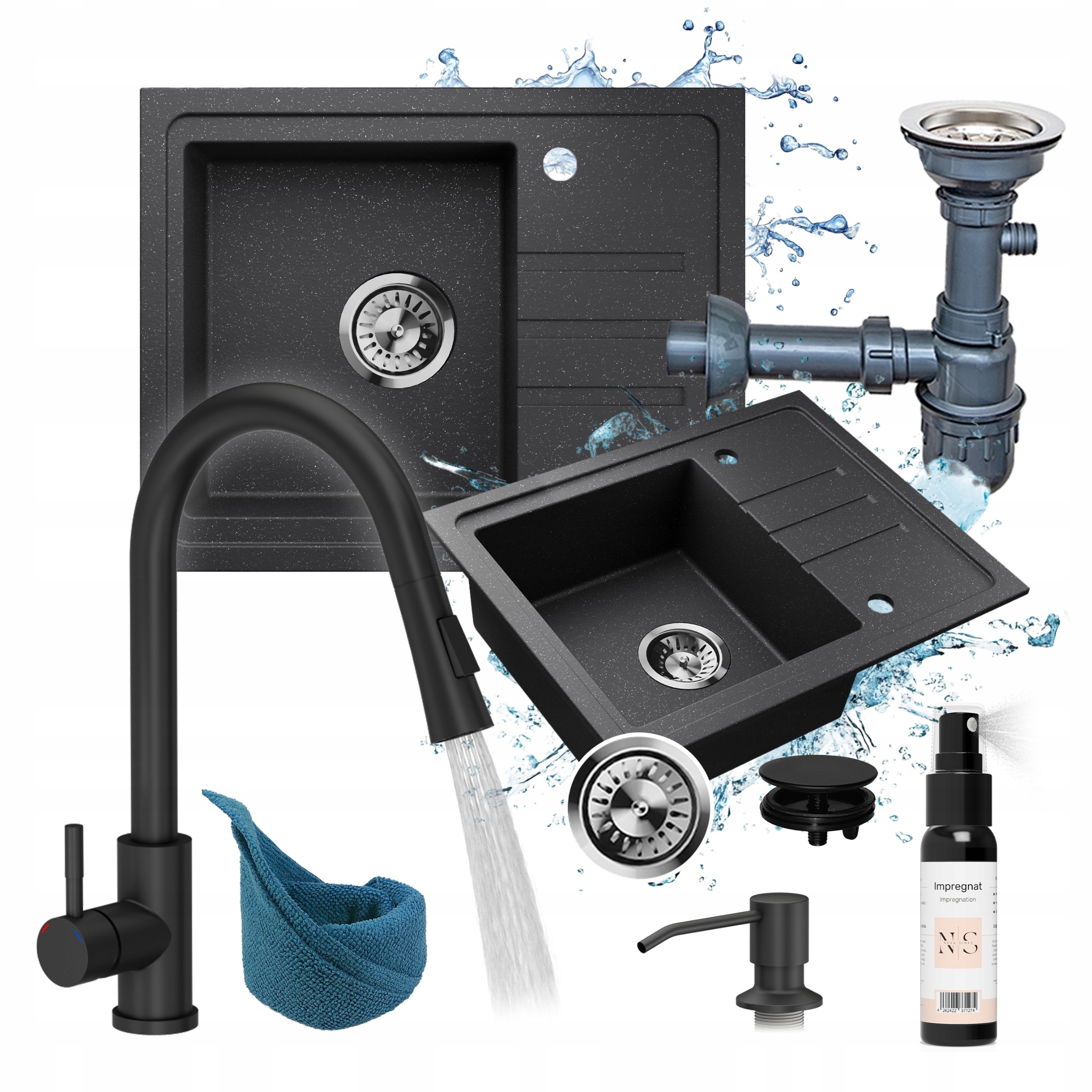 Granitový dřez černý sada: dřez sifon baterie dávkovač odkapávač