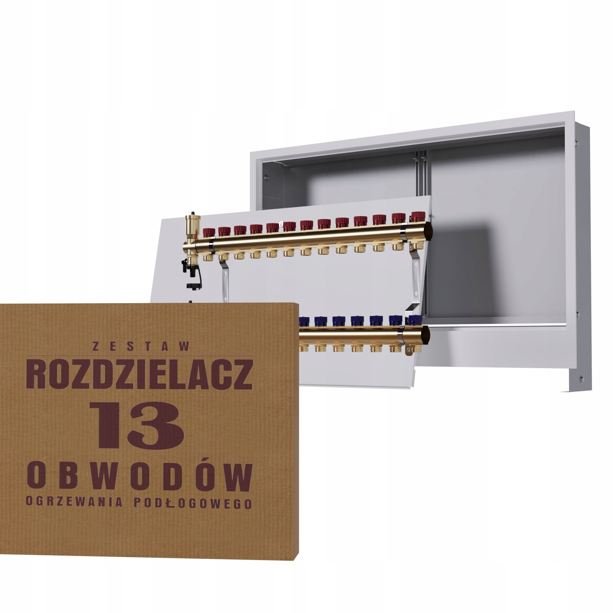 Manuální rozdělovač 13 okruhů pro radiátory podomítková skříňka