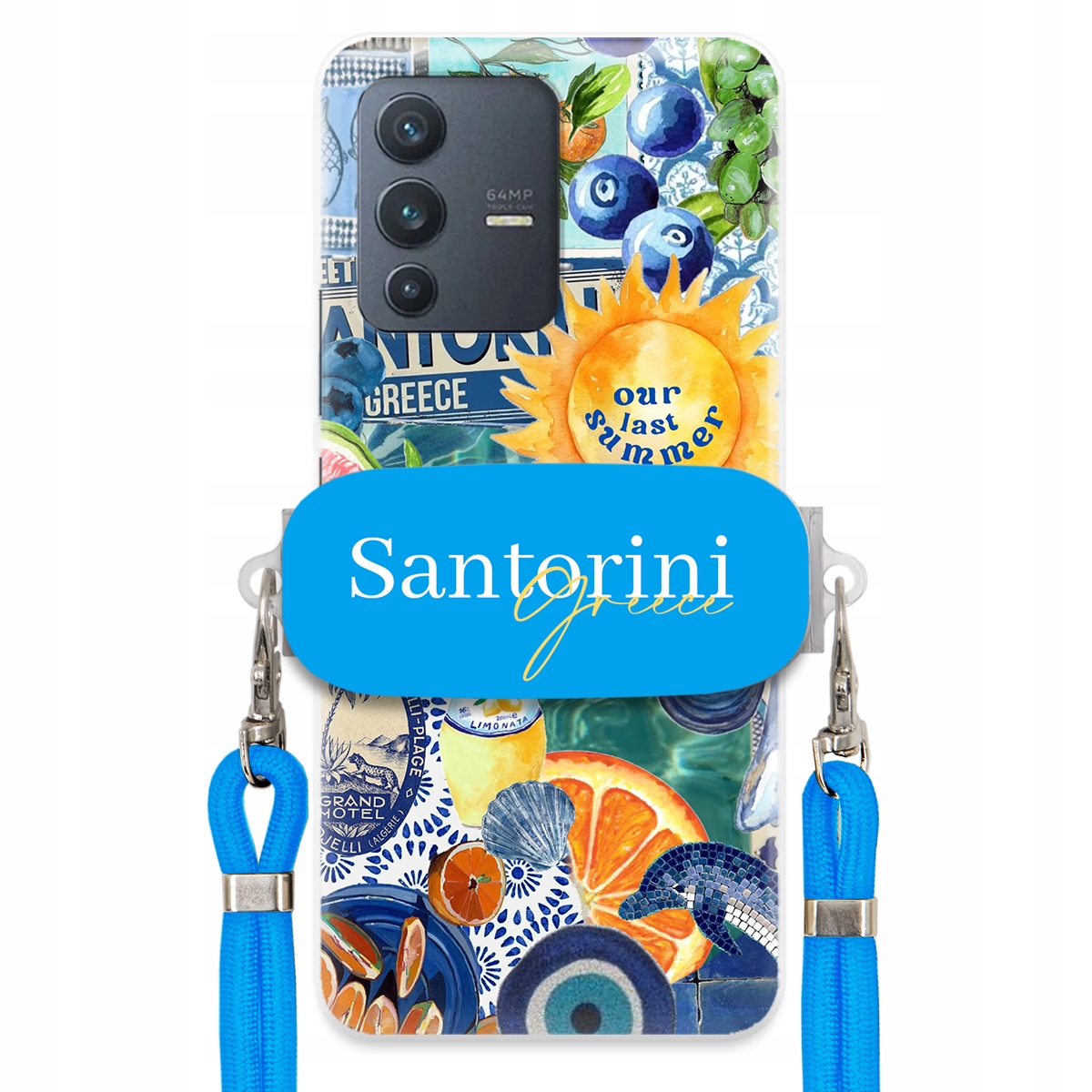 Puzdro pre Vivo V23 Modré Crossbody vodítko držiak Santorini Greece Sea