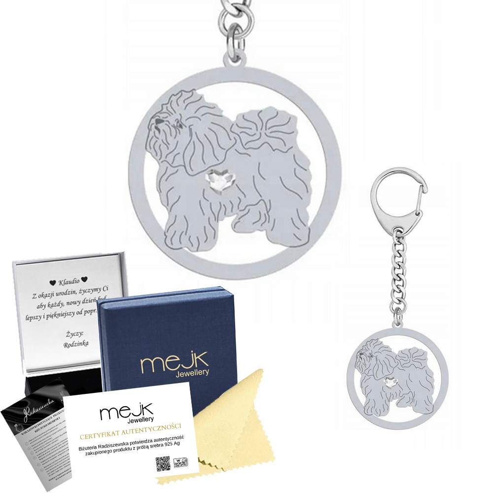 Přívěsek Na Klíče Stříbrný se psem plemene Boloňský 925 Šperky Dárek Gravírování Bonus