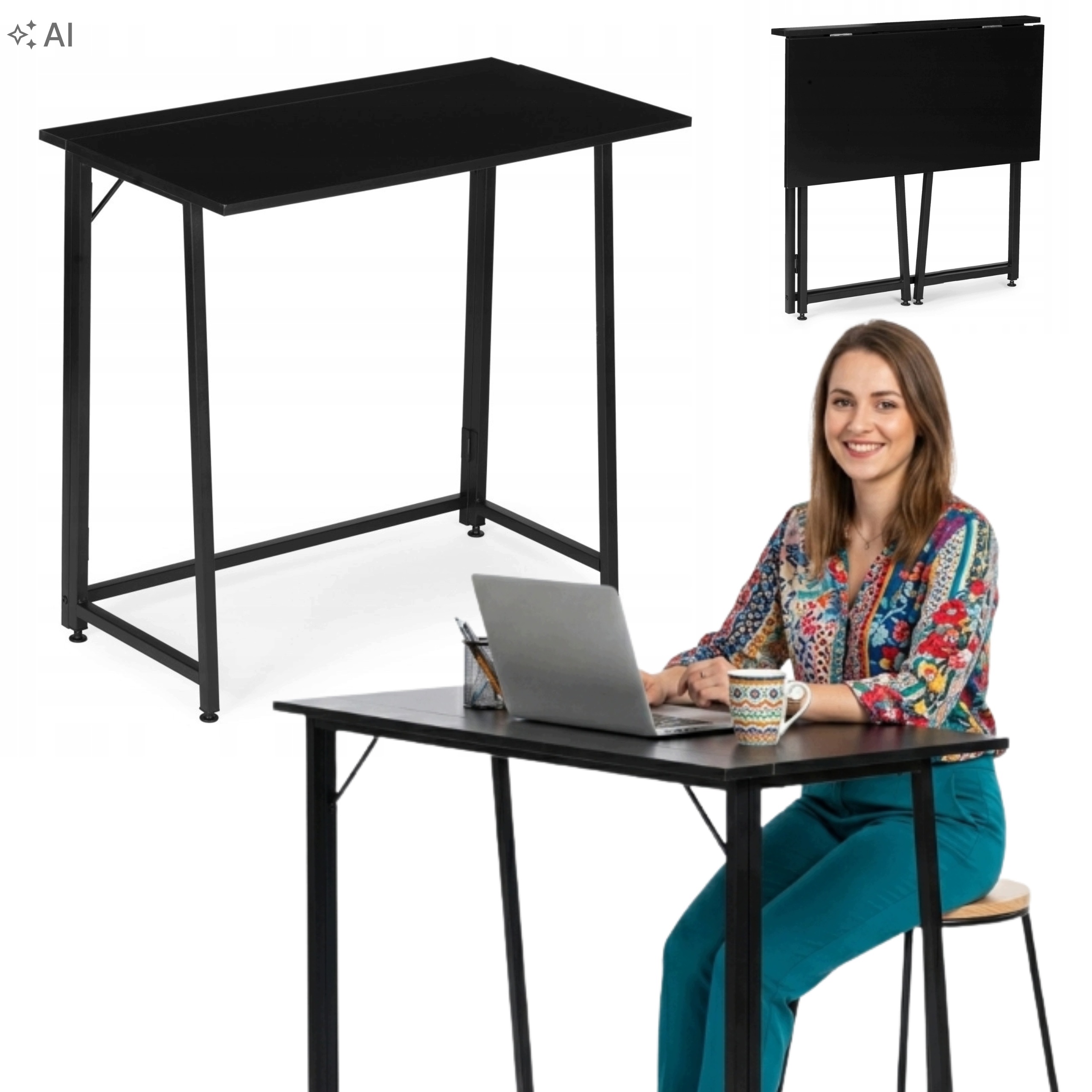 Biurko Komputerowe Składane 80x45 Cm Stolik Pod Laptopa Loftowy Czarny Mat