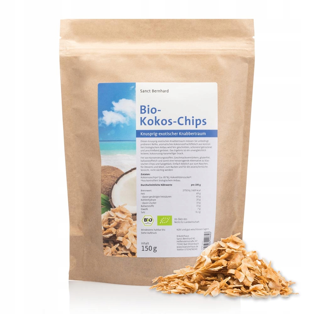 CHIPSY KOKOSOWE BIO 150 g, prażone, naturalna przekąska, SANCT BERNHARD