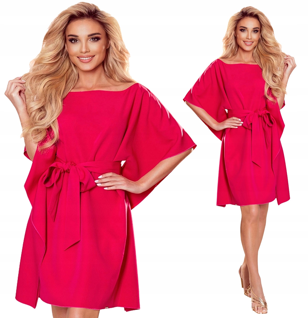 Krásné Šaty Motýl S Páskem Asymetrické Rukávy Malinová 2XL/3XL