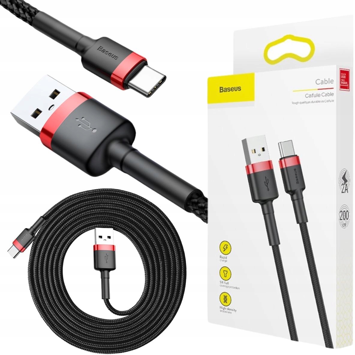 Kabel Usb-a Usb-c Baseus Cafule CATKLF-C91 200cm 2A Qc 3.0 Czarno-czerwon