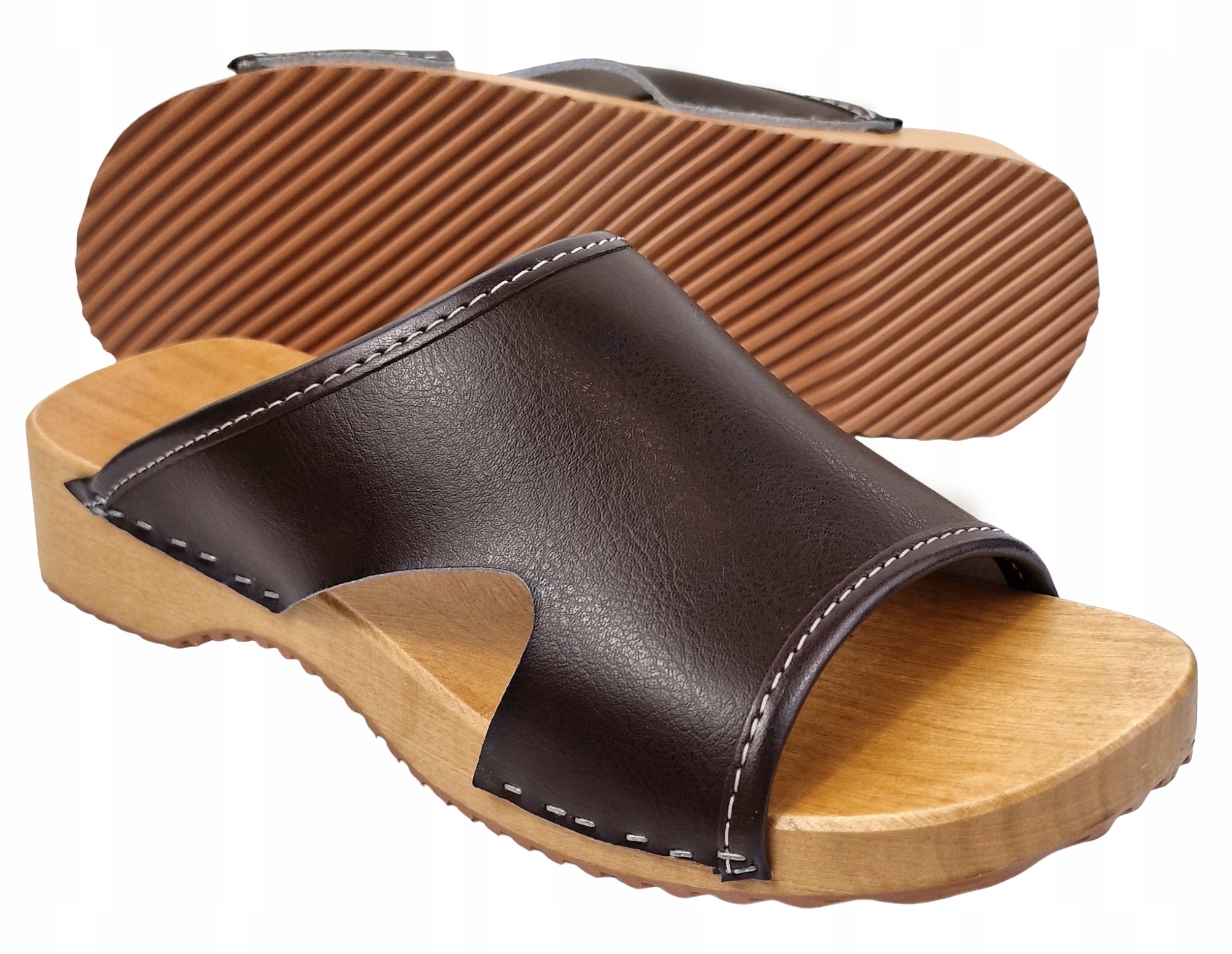 Klasyczne Drewniaki Skórzane Damskie Medyczne POLSKIE Chodaki Odkryte *39* Kolor brązowy