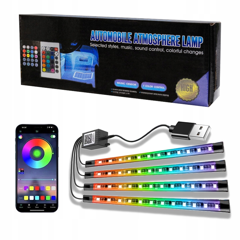 TAŚMA LED do Samochodu PRO LED RGB Car Interior Lighting APP Sterowanie