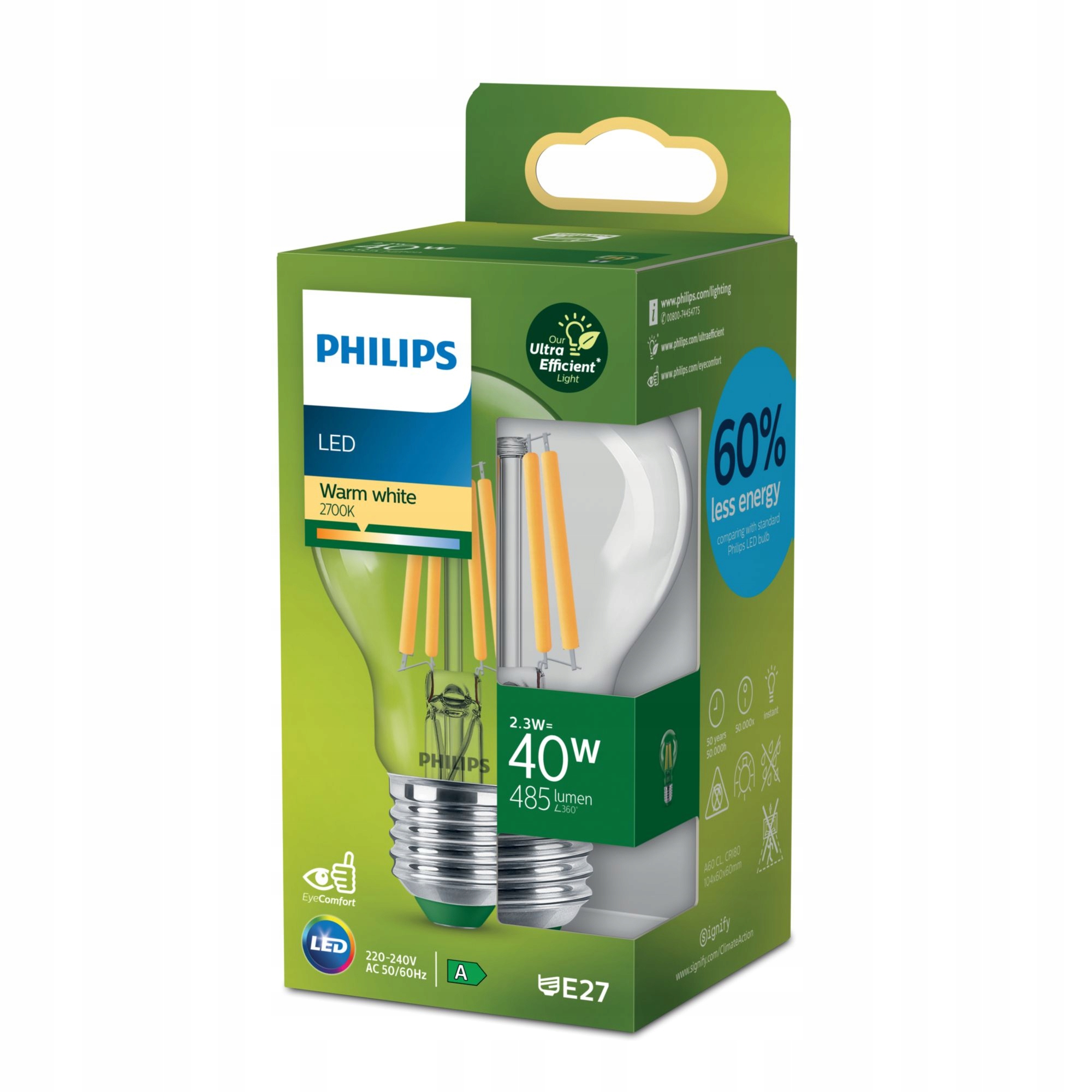 Żarówka LED E27 PHILIPS UltraEfficient klasa A 40W 485lm 2700K EAN (GTIN) 8720169187498