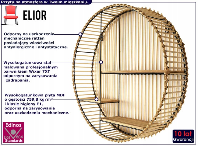 OKRĄGŁA PÓŁKA ŚCIENNA RATTANOWA BOHO == NOWOCZESNA Marka Elior