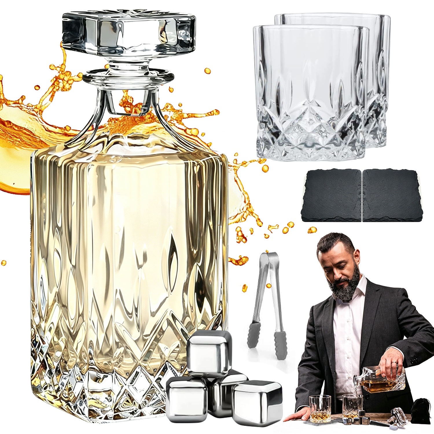 Dárková Sada Whisky Karafa 700ML Sklenice A Chladicí Kameny