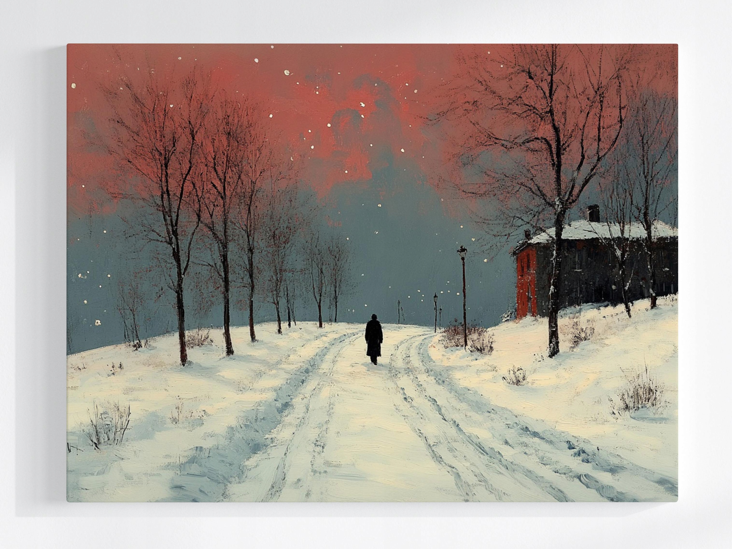 Obraz Na Plátně Canvas Zima Sníh Stromy Cesta Dům Člověk Krajina 100x75