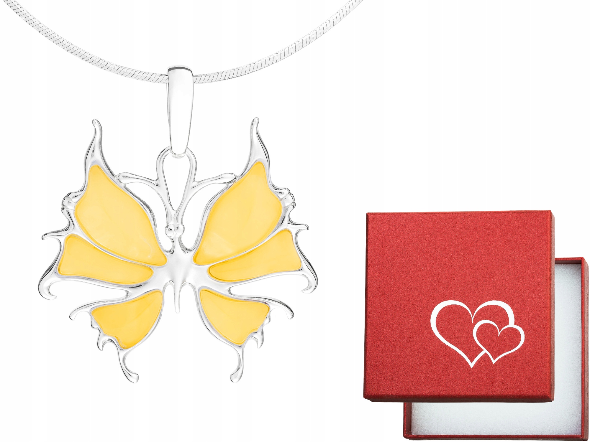 Dlouhý stříbrný dámský náhrdelník Motýl se žlutým jantarem Motýlek Stříbro 75