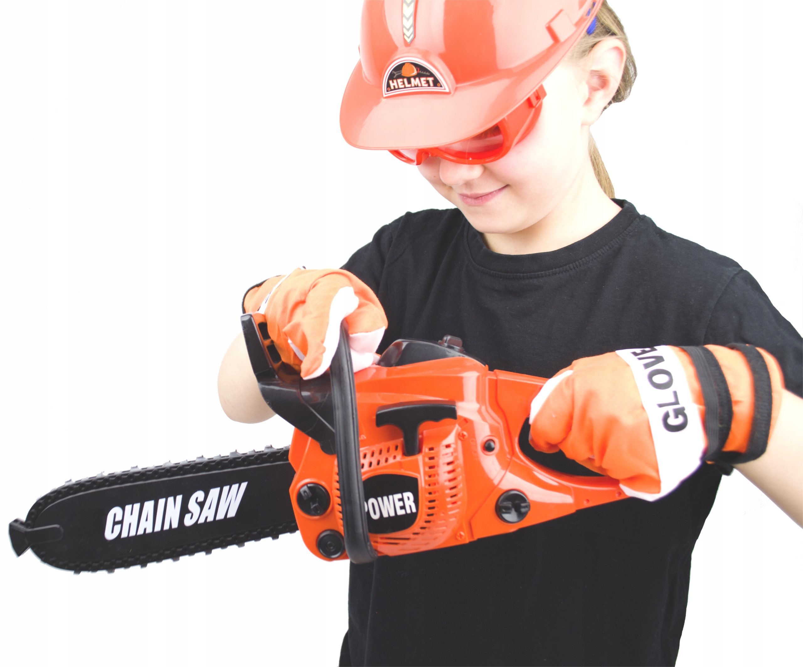 PIŁA ŁAŃCUCHOWA ZESTAW DLA DZIECI KASK OKULARY RĘKAWICZKI OBROTOWY ŁAŃCUCH Materiał karton plastik