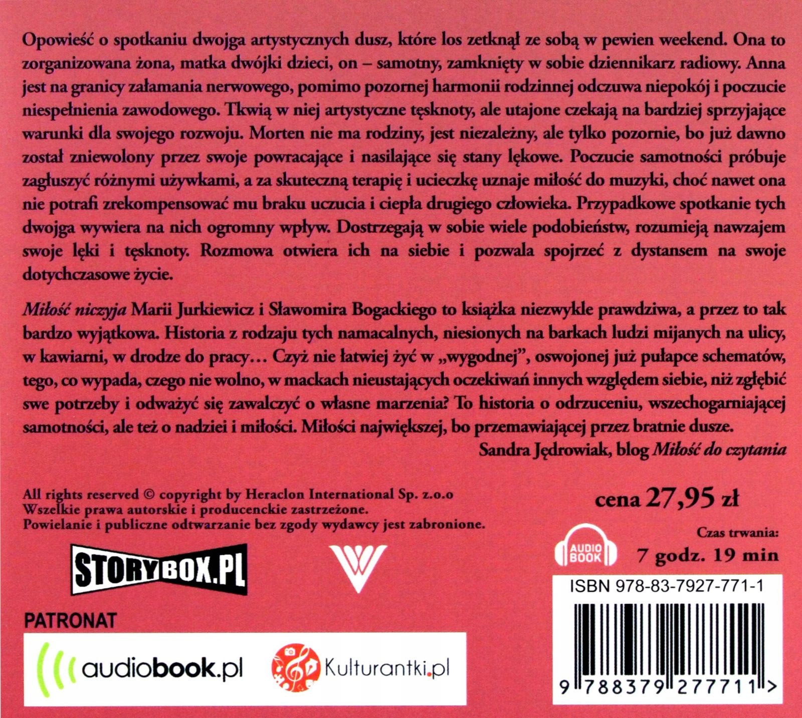 MIŁOŚĆ NICZYJA. AUDIOBOOK - MARIA JURKIEWICZ, SŁAWOMIR BOGACKI [AUDIOBOOK] Stan opakowania oryginalne