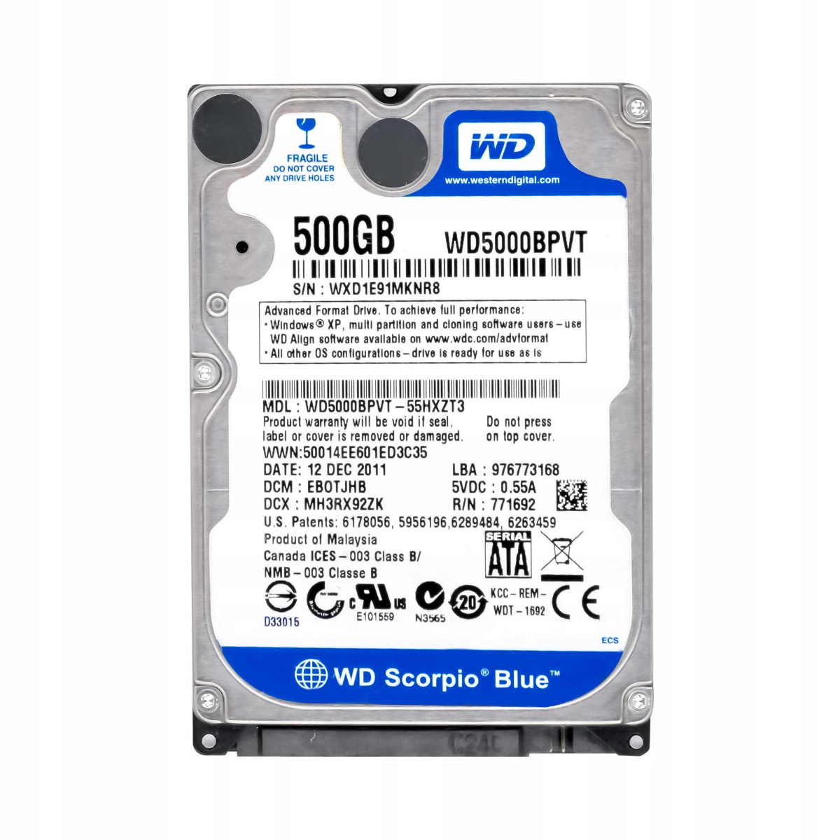 WD SCORPIO BLUE 500GB 5.4k SATA II 2.5' WD5000BPVT