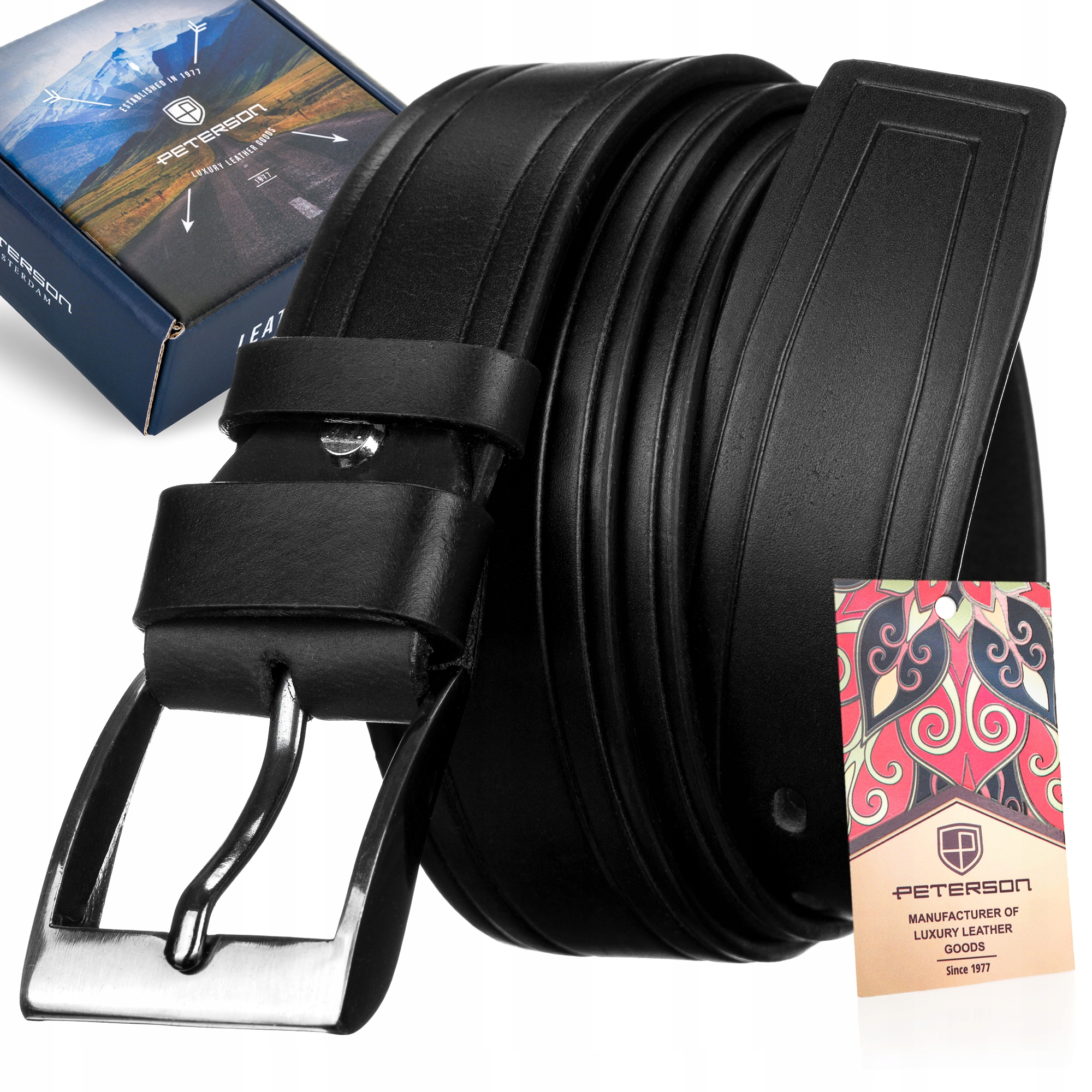 

Peterson długi pasek do spodni skórzany czarny