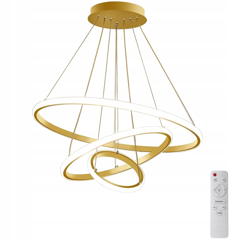 Lampa Sufitowa Led Wisząca Żyrandol 3 Ring Kręgi Z Pilotem Złoty 60+40+20CM