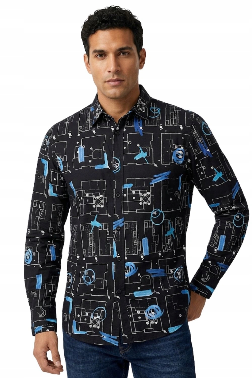 Pánská bavlněná košile Desigual s dlouhým rukávem, černá, s potiskem vel. S