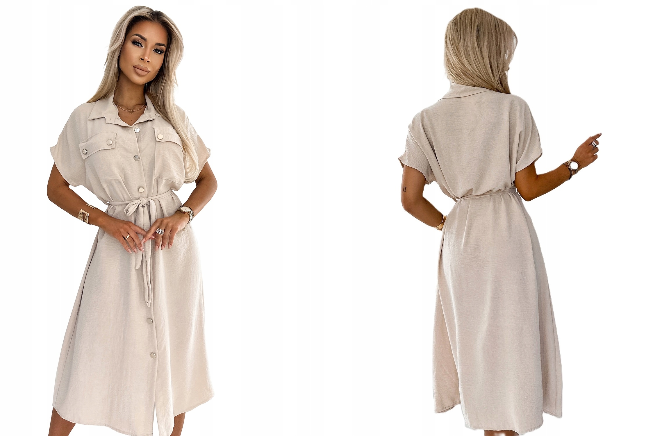 Béžová Rtěnka Se Zlatými Knoflíky A Volným Zavazováním V Pase S Kapsami