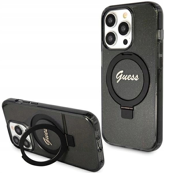 Pouzdro Guess Ring Stand Script Glitter MagSafe pro iPhone 15 Pro Max černé
