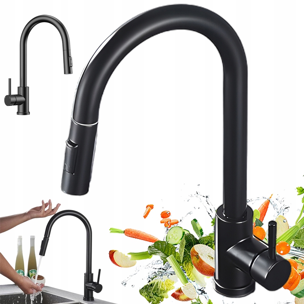 Kuchyňská Baterie Výsuvný Kohoutek 360° Hadice 3/8 80 CM 2 Režimy Černá