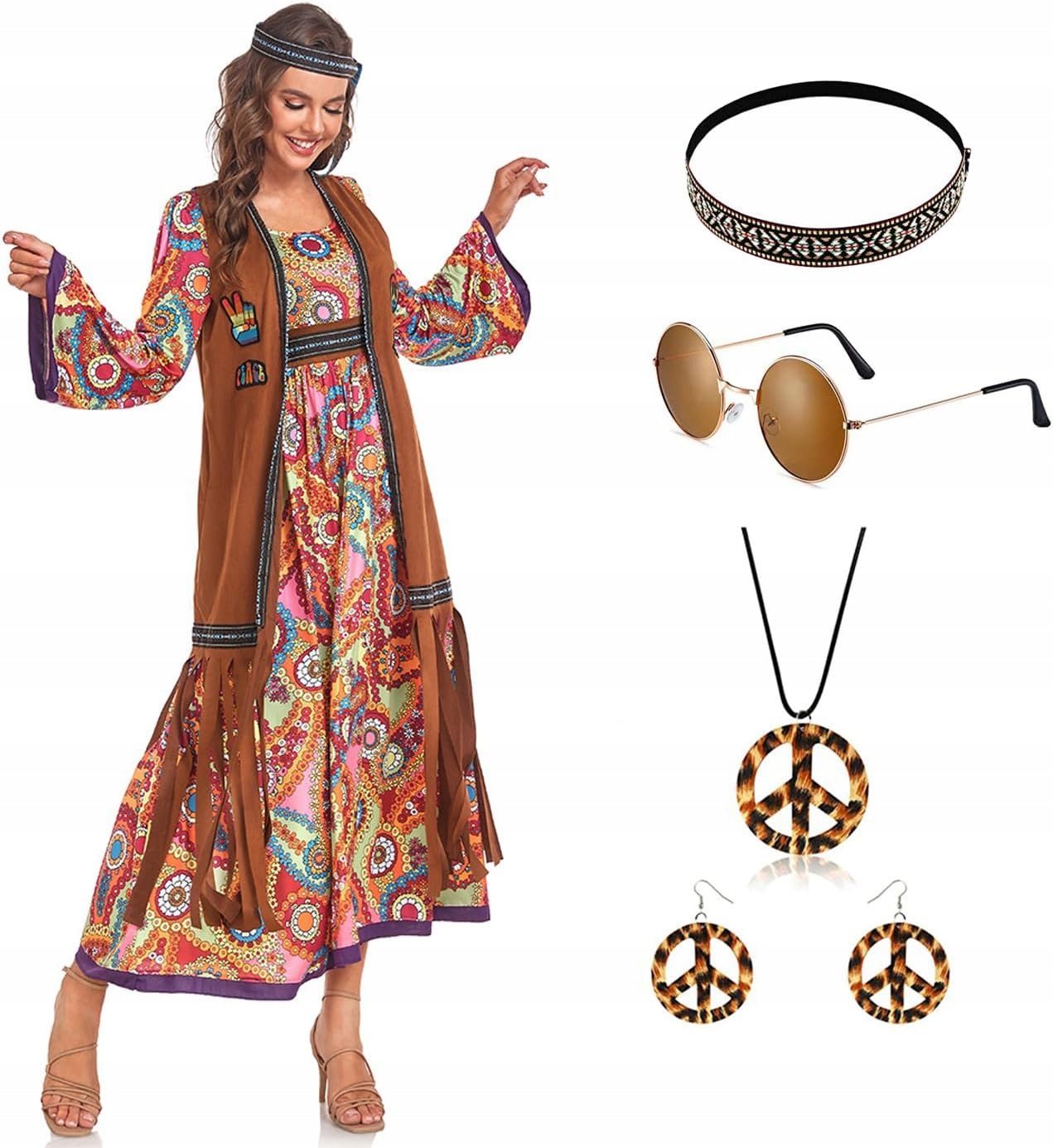 Dámský hippie kostým 70. léta s doplňky Velikost XL
