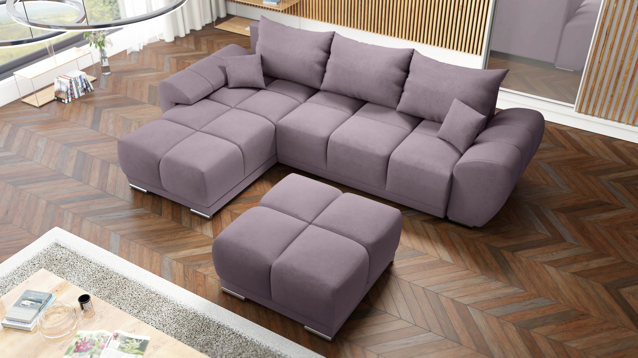 Levandulový Rohová Sedací Souprava Rozkládací Gauč Honey L Velká Taburet