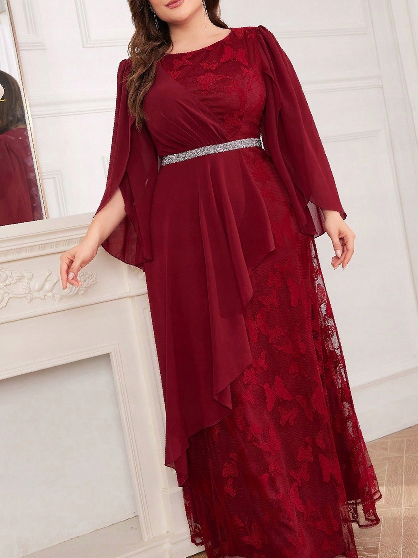 Šaty Maxi Koktejlová Burgundská Šifonová Krajková 4XL 48