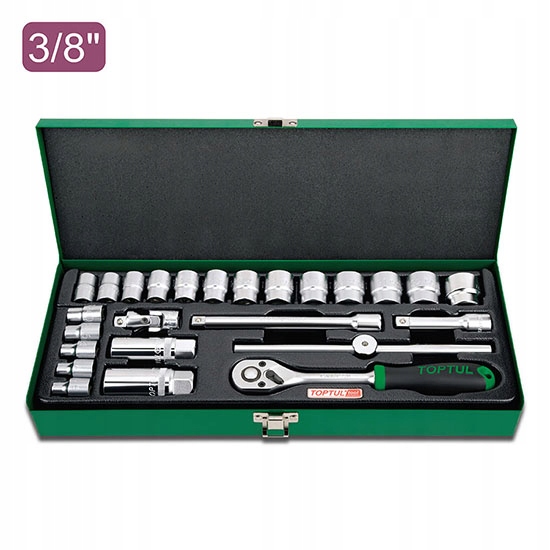 ZESTAW NARZĘDZI 3/8" 25 EL KLUCZY NASADOWYCH Z GRZECHOTKĄ PRZEDŁUŻKA TOPTUL