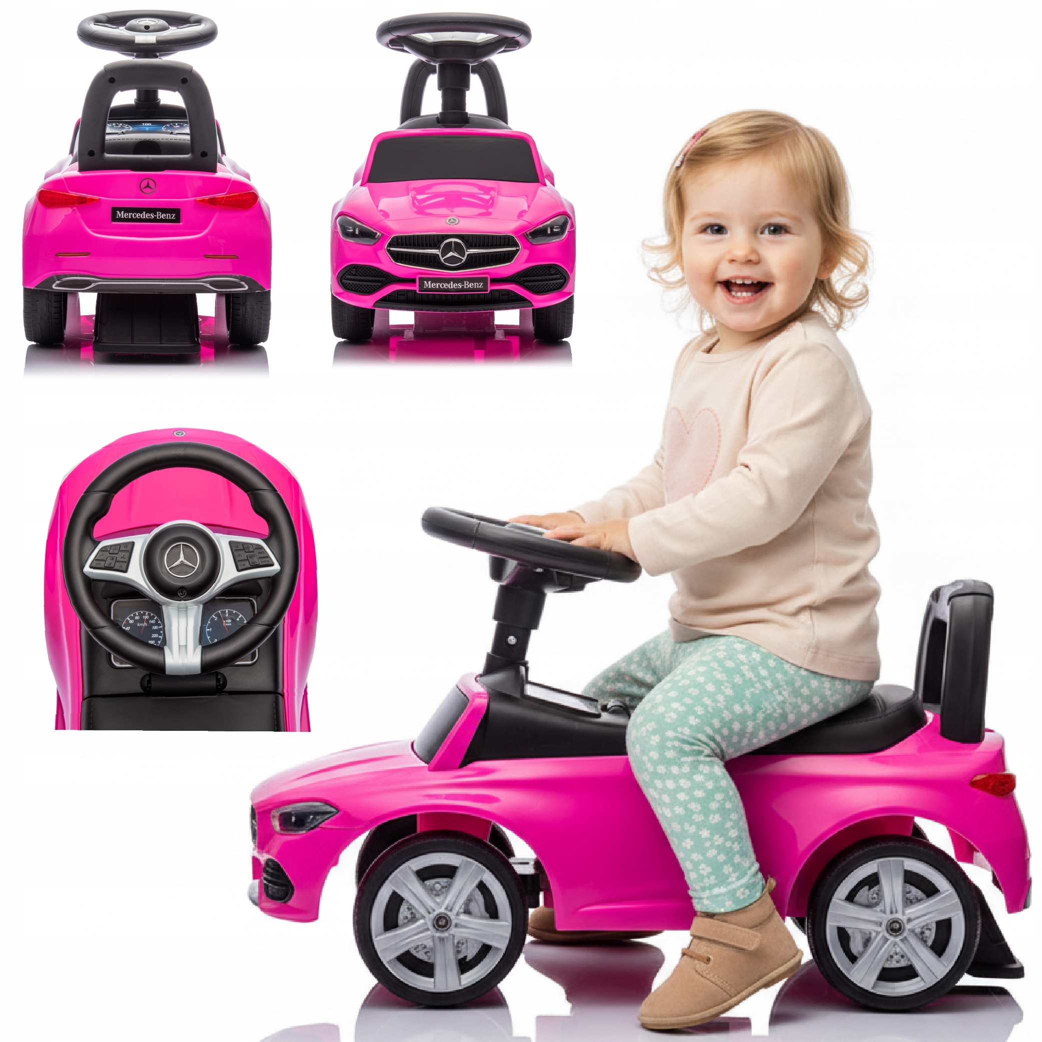 Jeździk dla dziewczynki pchacz chodzik Mercedes C-Class różowy na roczek