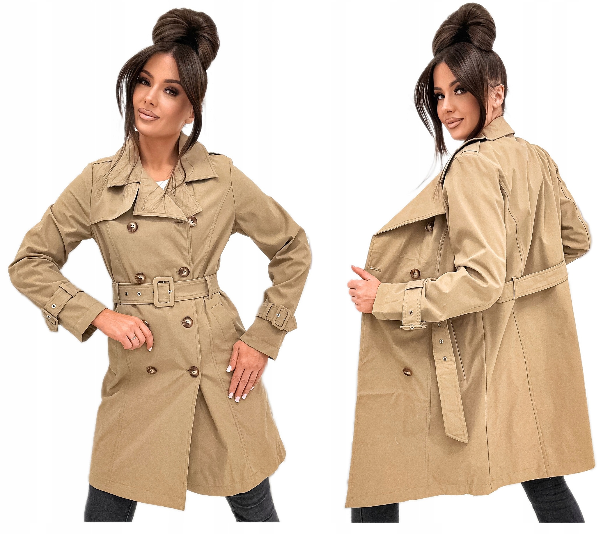 Płaszcz wiosenny damski Trencz z paskiem Ciemny Beż 416 roz L