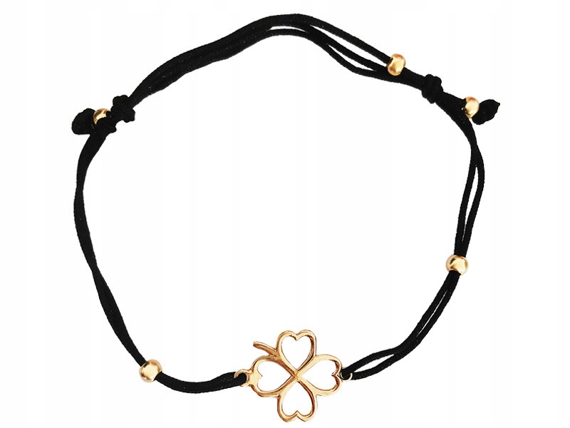 Zlatý náramek 585 s čtyřlístkem a rámeček a kuličkami na černém provázku