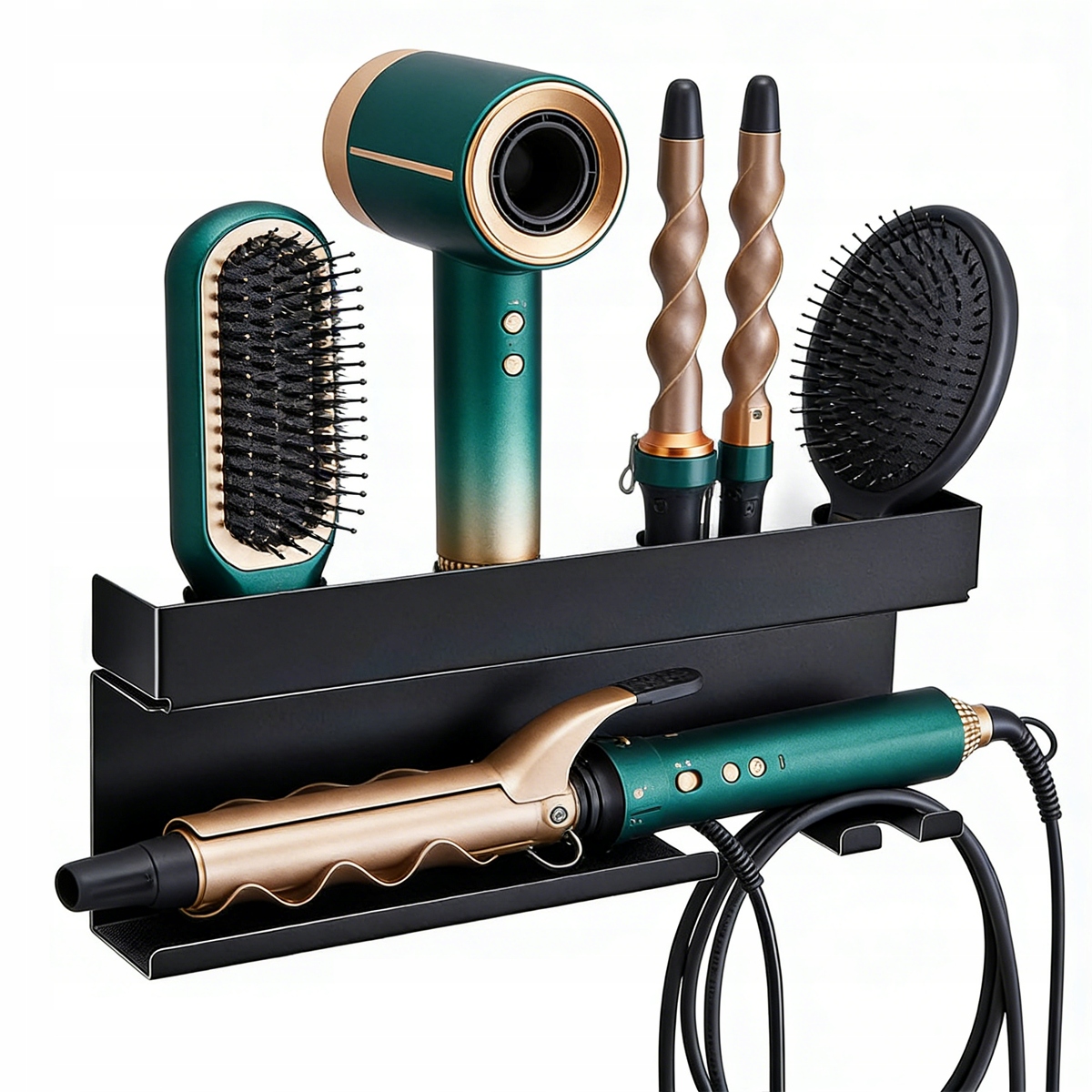 Nástěnný držák na fén a žehličku na vlasy, černý, koupelnový