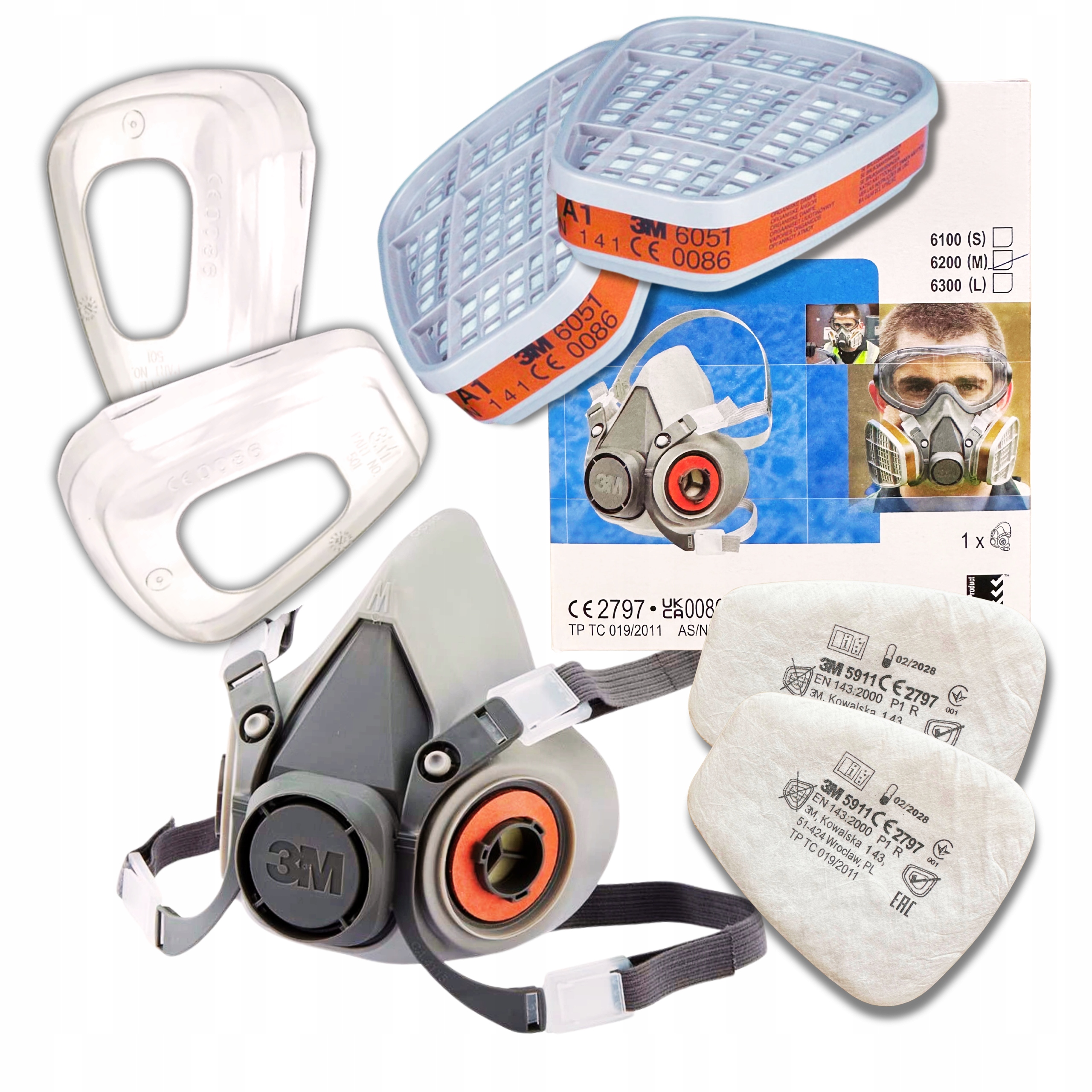 Maska 3M 6200 Filtry 6051 A1 Filtry 5911 P1 Pokrywy 501 Zestaw Ochronny