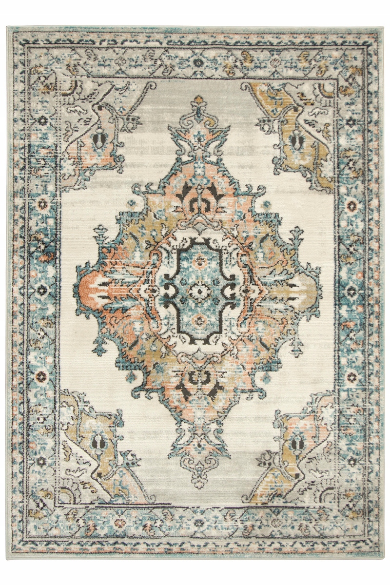 

60x100 cm Szary Łososiowy Turkus Dywan Ornament