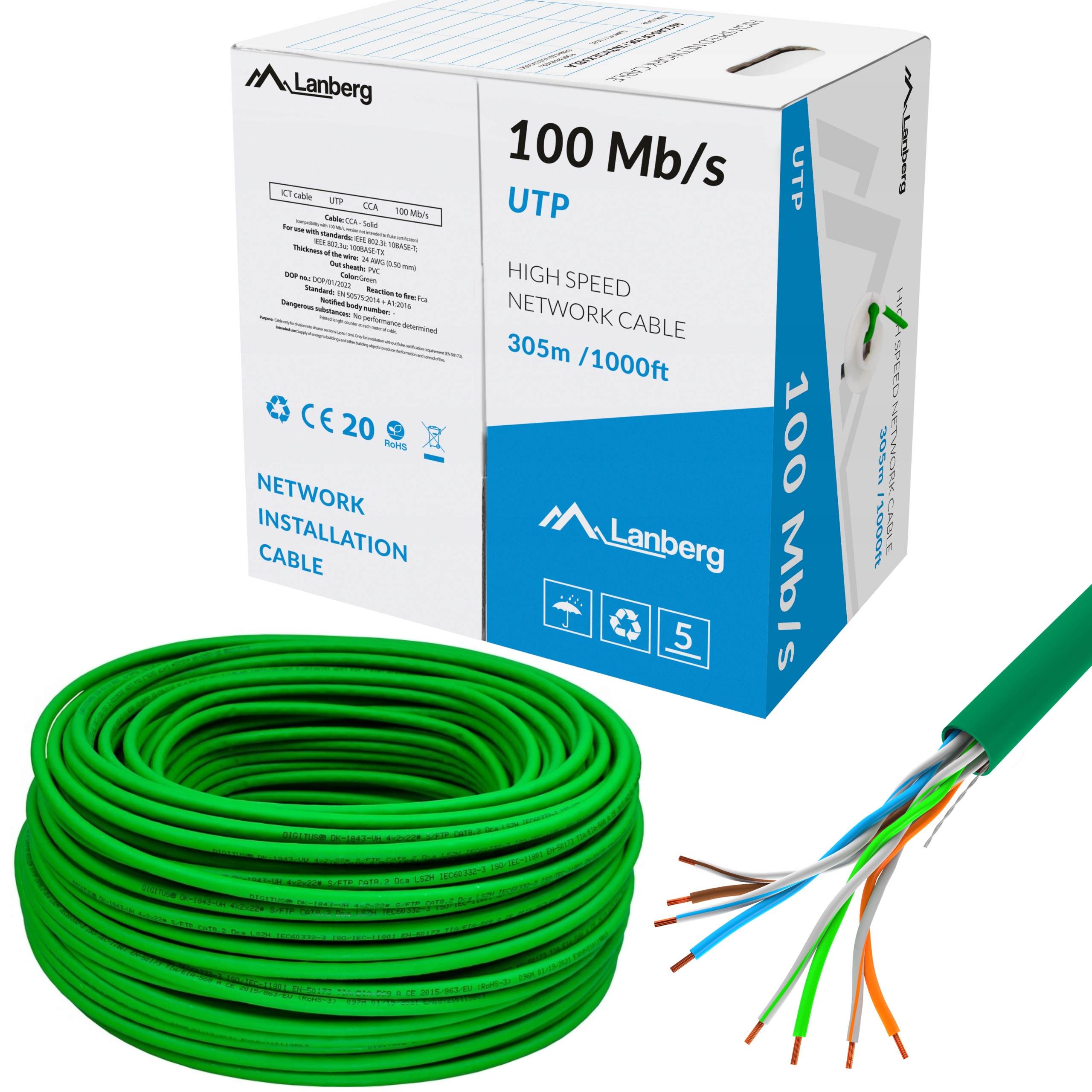 Kabel Sieciowy Lan Utp 100MB 305m Drut Cca Skrętka