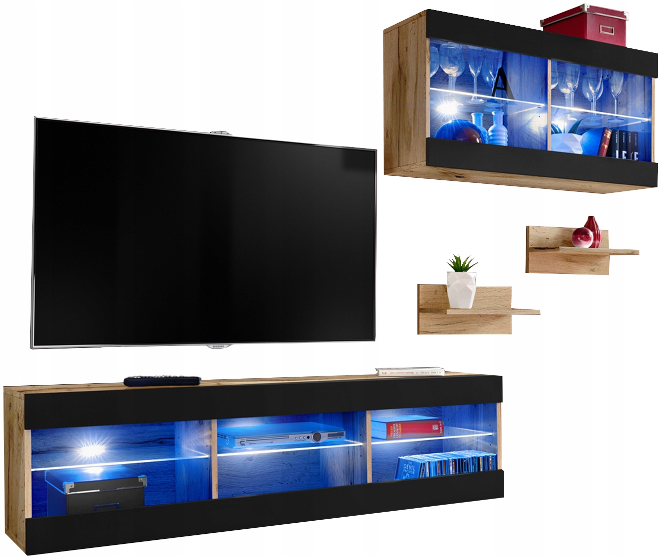 Sada nábytku Rtv Tivoli SET3 Dub Wotan/Čierna, modré Led diódy