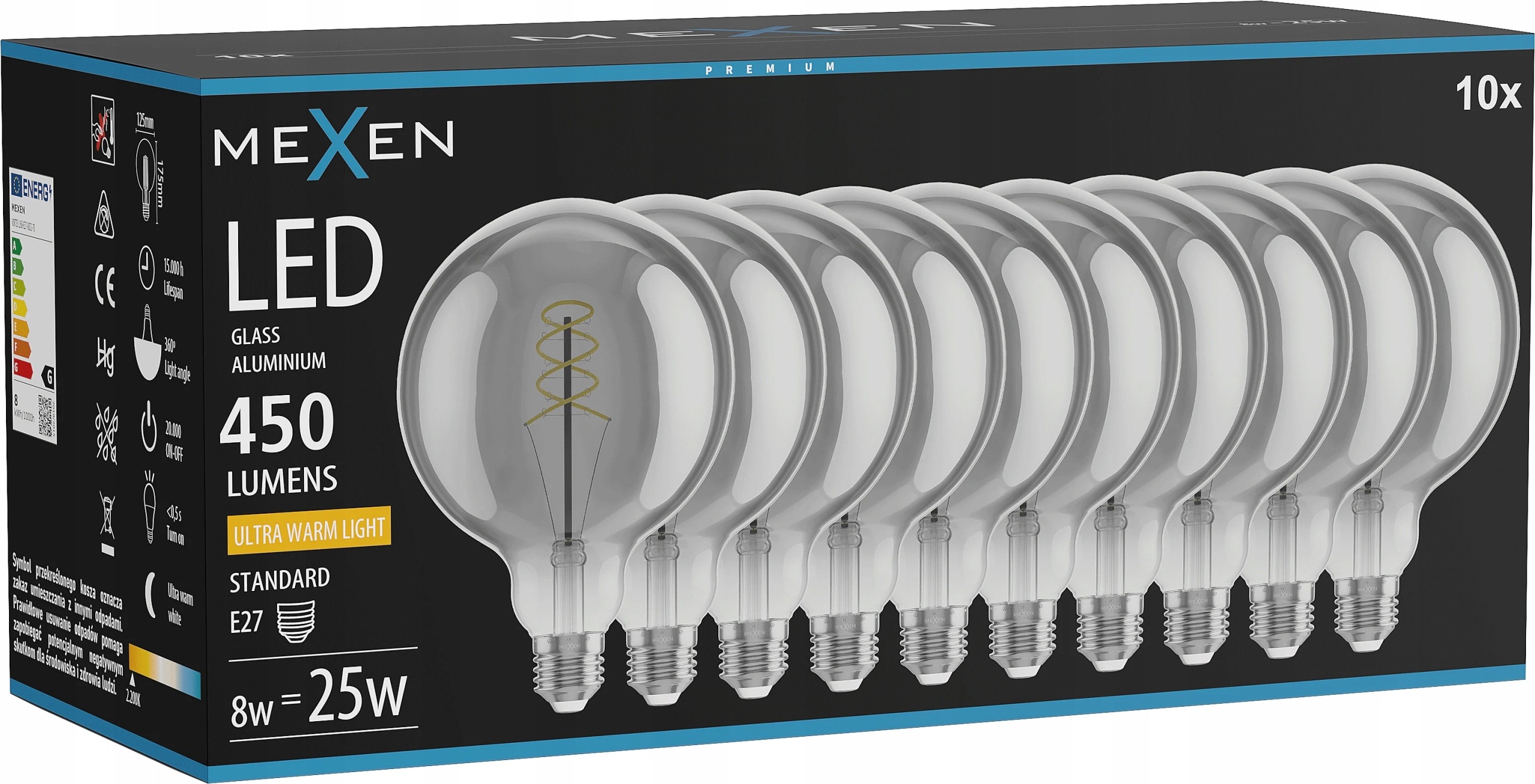 Mexen Vintis Led filament žárovka E27 G125 8W 2200K smoke 10ks