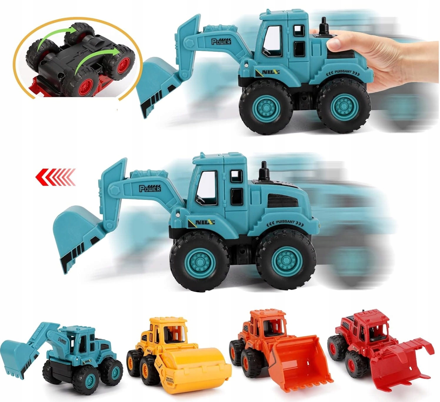 AUTKO BUDOWA NAPĘD FRYKCYJNY KOLOROWE WZORY KOPARKA WALEC Materiał plastik