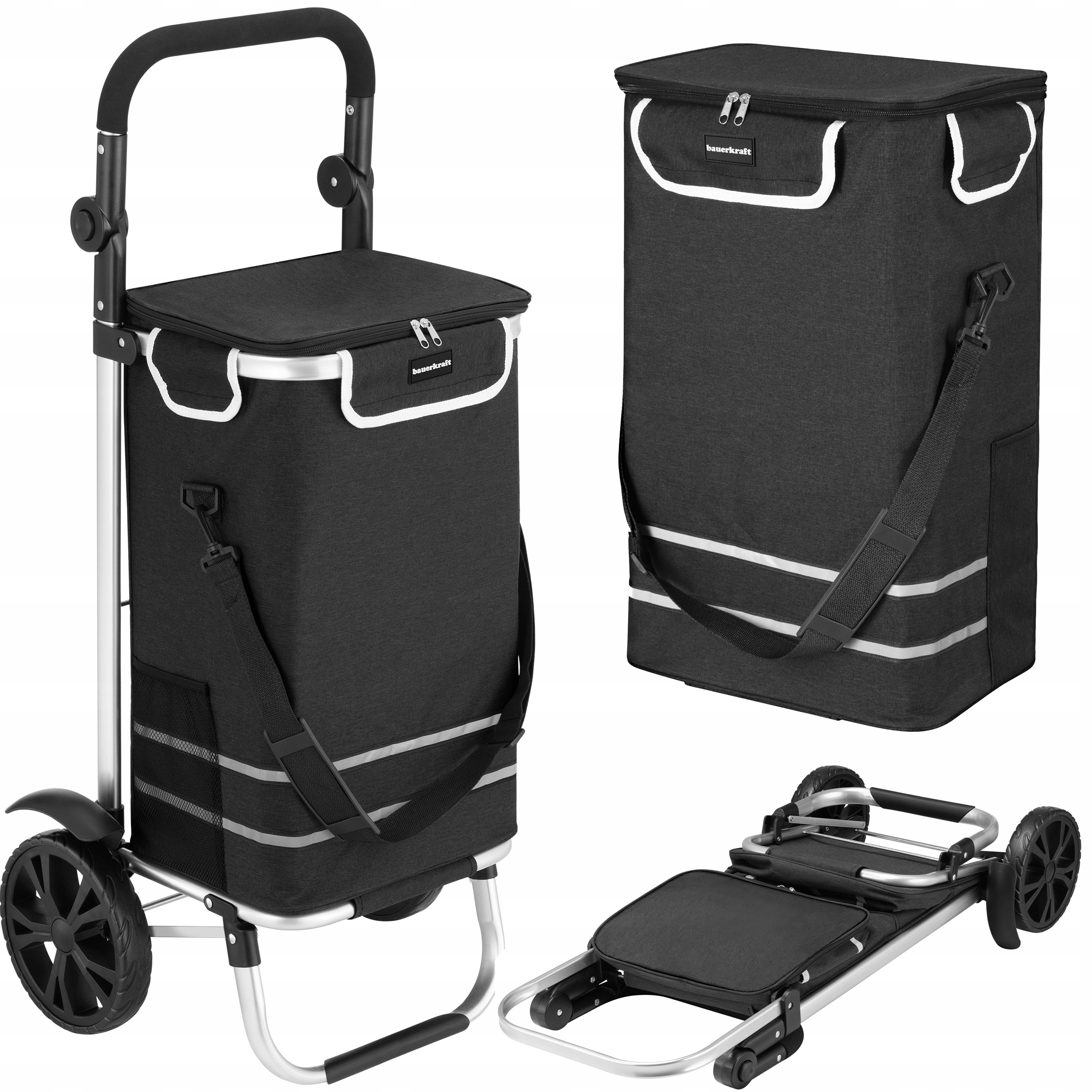 Nákupní vozík taška na kolečkách skládací voděodolná 42l odrazky černá