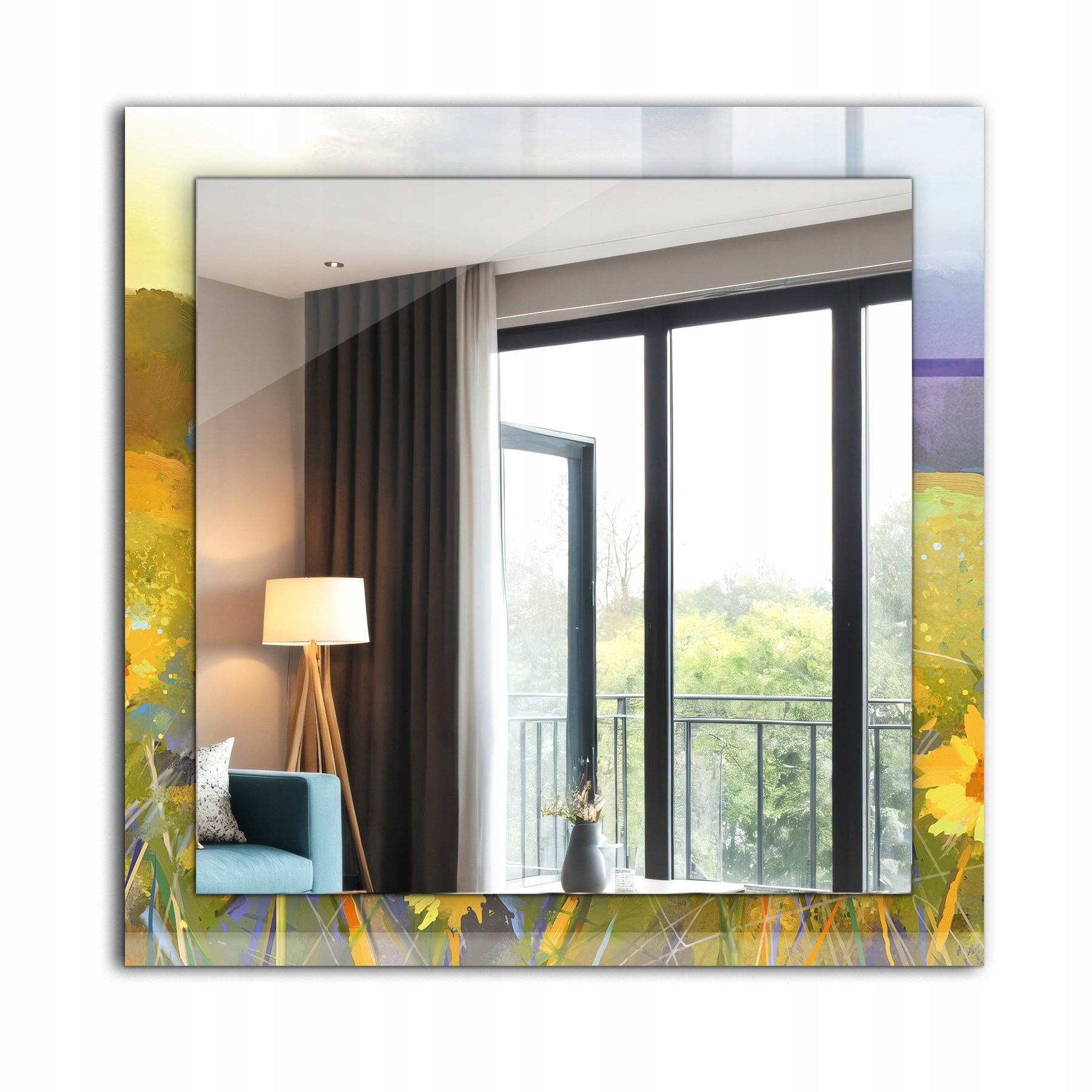 Nástenné štvorcové zrkadlo s vytlačeným motívom 60x60 cm Pole Slnečníc