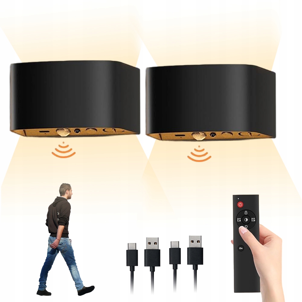 Czarne lampy Led na ścianę z pilotem, 3 barwy, 2 sztuki