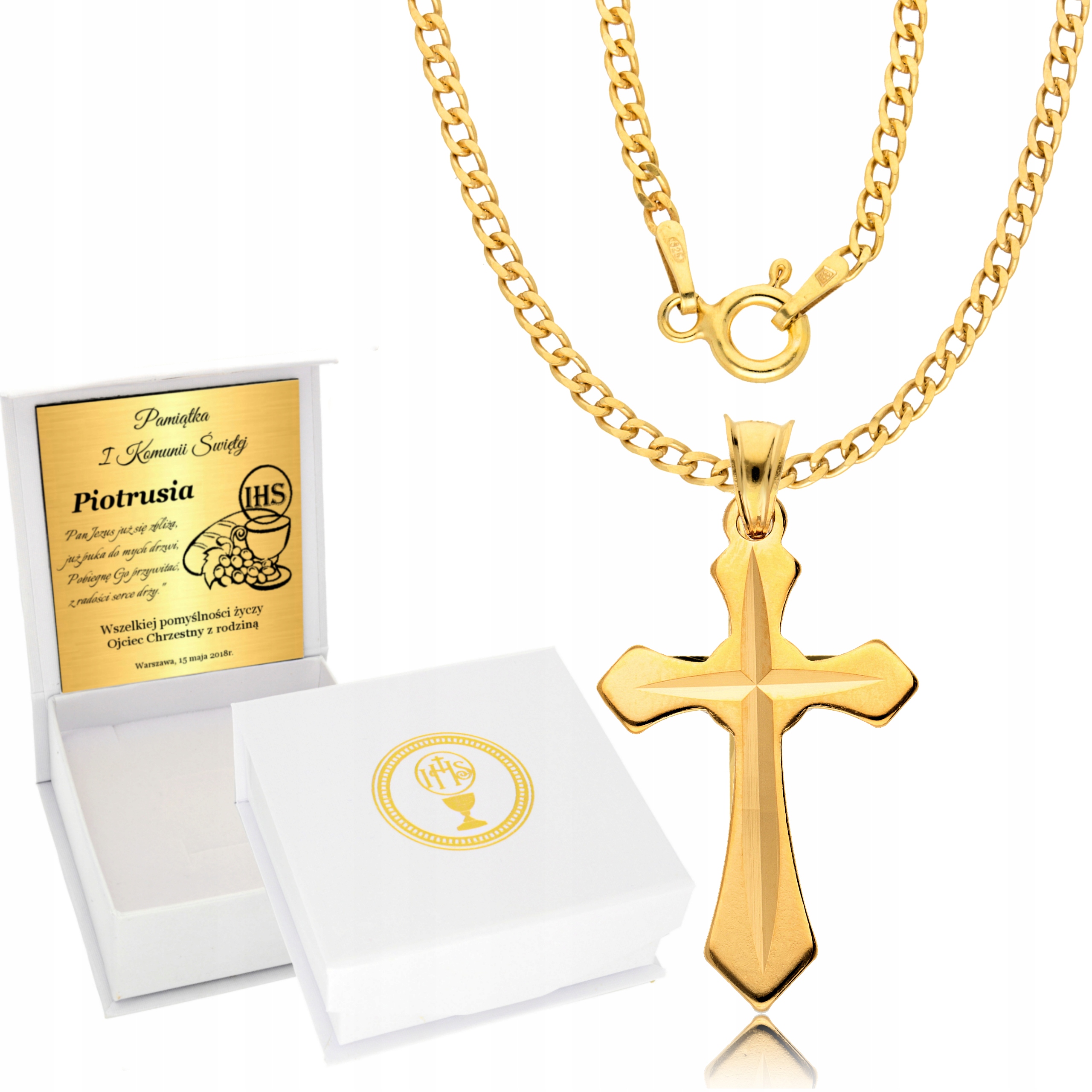 Złoty Łańcuszek 925 Krzyżyk Komunia Chrzest Grawer