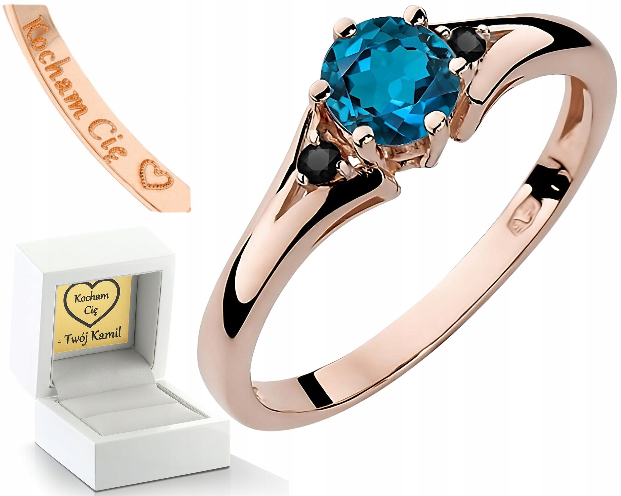 Růžové Zlato Prstýnek Topaz London Blue Černé Diamanty Moderní