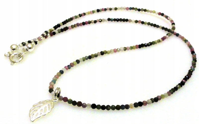 Turmalínový náhrdelník s fazetovanými kuličkami 2 mm a listem stříbro 925