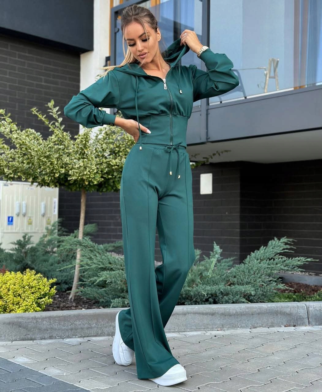 Dámská Tepláková Souprava Korzetová Mikina S Kapucí Kalhoty Wide Leg Zeleň L
