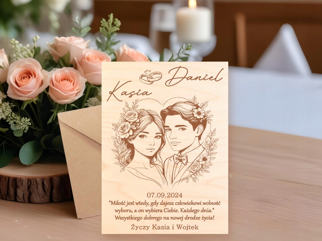 DREWNIANA KARTKA ŚLUBNA HANDMADE PERSONALIZOWANA PREZENT DLA PARY MŁODEJ Nazwa DREWNIANA KARTKA ŚLUBNA HANDMADE PERSONALIZOWANA PREZENT DLA PARY MŁODEJ