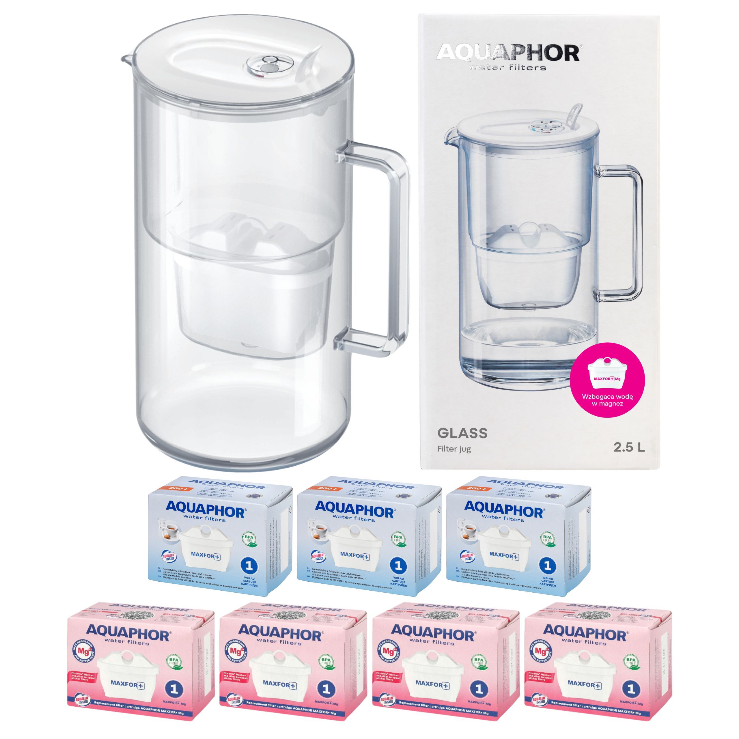 Džbán Aquaphor Glass biely 2,5L sklenený na vodu +7 filtrov Maxfor (4Mg+3)
