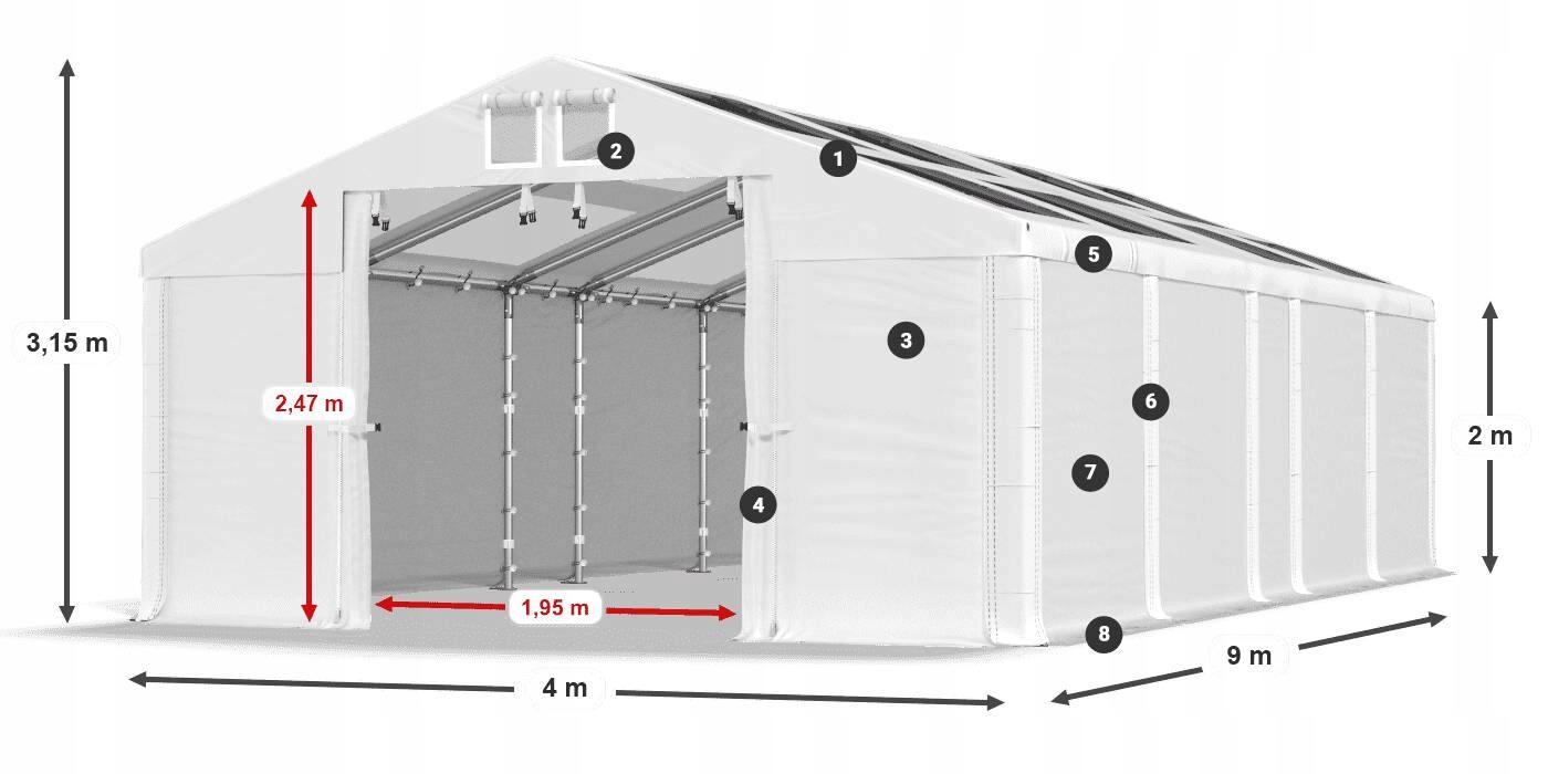 Namiot Magazynowy 4x9m Garaż DAS 580 S Szerokość 4 m